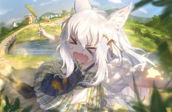 Rule 34 | &gt; &lt;, 1girl, animal ear fluff, animal ears, blurry, blurry foreground, cat ears, cat tail, cat teaser, day, dragging, dress, fang, hair ornament, hair ribbon, hairclip, long hair, observerz, open mouth, original, outdoors, ribbon, skin fang, solo, tail, very long hair, white hair