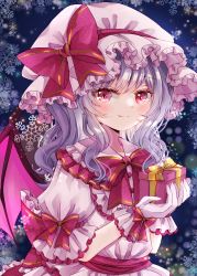 Rule 34 | 1girl, bat wings, black background, bow, bowtie, closed mouth, frilled hat, frills, gift, hat, hat bow, holding, holding gift, jaku sono, looking at viewer, medium hair, mob cap, pink hat, pink shirt, purple hair, red bow, red bowtie, red eyes, remilia scarlet, shirt, smile, snowflakes, snowing, solo, touhou, upper body, wings, wrist cuffs