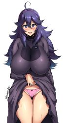 Rule 34 | 1girl, @ @, absurdres, ahoge, alternate breast size, blush, bow, bow panties, creatures (company), dress, dress lift, game freak, hairband, hex maniac (pokemon), highres, long hair, looking at viewer, navel, nintendo, npc trainer, open mouth, panties, pink panties, pokemon, pokemon (game), pokemon xy, purple hair, simple background, smile, sole gem, stomach, sweatdrop, thigh gap, underwear, very long hair