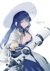 Rule 34 | 1girl, absurdres, arknights, astesia (arknights), astesia (starseeker) (arknights), black gloves, blue dress, blue eyes, blue hair, bonnet, breasts, cape, character name, chinese commentary, cleavage, closed mouth, commentary request, copyright name, dress, gloves, hair intakes, highres, holding, large breasts, liliyfox, long hair, looking at viewer, official alternate costume, pointy ears, puffy short sleeves, puffy sleeves, short sleeves, simple background, sitting, smile, solo, telescope, very long hair, white background, white cape, white headwear
