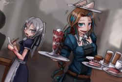 Rule 34 | 2girls, :d, blue eyes, blue hair, blurry, blurry background, braid, brown hair, burn scar, cake, dorei to no seikatsu ~teaching feeling~, dutch angle, food, green eyes, grey eyes, grey hair, hair ribbon, heterochromia, holding, holding tray, jpeg artifacts, long hair, looking at viewer, maid, multicolored hair, multiple girls, nephy (dorei to no seikatsu), notepad, object on head, open mouth, parfait, parted lips, pen, ponytail, puffy short sleeves, puffy sleeves, ray-k, ribbon, sandwich, scar, short sleeves, signature, single braid, smile, streaked hair, sweatdrop, sylvie (dorei to no seikatsu), tray, tray on head, two-tone hair, very long hair