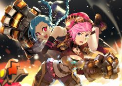 Rule 34 | 2girls, :d, aa2233a, arm belt, belt, black footwear, braid, breasts, cleavage, clenched hand, elbow gloves, facial tattoo, flat chest, gauntlets, gloves, goggles, goggles on head, highres, holding, holding weapon, jinx (league of legends), league of legends, leaning forward, medium breasts, multiple girls, open mouth, pink eyes, pink hair, purple eyes, short hair, smile, tattoo, twin braids, twintails, vi (league of legends), weapon