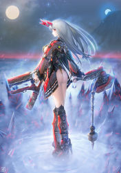 Rule 34 | 1girl, ass, cyborg, from behind, full body, grey hair, hicage hisoca, highres, holding, holding weapon, horns, long hair, looking at viewer, looking back, mecha musume, mechanical arms, mechanical horns, oni, original, red eyes, red horns, science fiction, solo, weapon