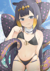 Rule 34 | 1girl, 2022, absurdres, arm behind back, bikini, bikini top lift, black bikini, black hair, blue eyes, blue sky, blush, breasts, closed mouth, clothes lift, cloud, cloudy sky, covering nipples, covering one nipple, covering privates, dottocom tegaki, highres, hololive, hololive english, long hair, looking at viewer, ninomae ina&#039;nis, outdoors, rainbow, sky, small breasts, smile, solo, standing, swimsuit, teasing, tentacles, tongue, tongue out, virtual youtuber