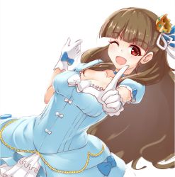 Rule 34 | 1girl, ;d, blue choker, blue dress, blunt bangs, breasts, brown hair, choker, cleavage, crown, dress, dutch angle, eyebrows, formal, gloves, hair bun, hair ribbon, idolmaster, idolmaster cinderella girls, kamiya nao, long dress, long hair, looking at viewer, medium breasts, mini crown, one eye closed, open mouth, pointing, pointing up, puffy short sleeves, puffy sleeves, red eyes, ribbon, saezu habaki, short sleeves, simple background, single hair bun, smile, solo, standing, thick eyebrows, white background, white gloves, white ribbon