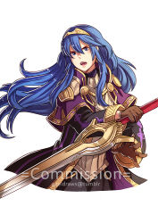 Rule 34 | 1girl, blue eyes, blue hair, cloak, fire emblem, fire emblem awakening, gloves, gzei, holding, holding sword, holding weapon, long hair, lucina (fire emblem), nintendo, robin (fire emblem), robin (male) (fire emblem), simple background, solo, sword, watermark, weapon, white background