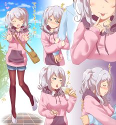 Rule 34 | 10s, 1boy, 1girl, :o, :p, ^ ^, arm grab, bag, blue eyes, blue shorts, blue sky, blush, breasts, brown pantyhose, casual, cleavage, closed eyes, closed mouth, cloud, collage, day, drawstring, eyebrows, finger to mouth, food, grey hair, gurande (g-size), hair ornament, hairclip, half-closed eyes, happy, head tilt, heart, hetero, high heels, highres, holding, holding another&#039;s arm, holding food, hood, hood down, hoodie, hug, ice cream, implied sex, kantai collection, kashima (kancolle), leaning on person, leaning to the side, long sleeves, medium breasts, motion lines, multiple views, no headwear, open mouth, out of frame, outstretched arms, palms, pantyhose, pavement, plant, pocket, profile, sexually suggestive, shorts, shoulder bag, sidelocks, sigh, signature, sky, soft serve, spread fingers, standing, standing on one leg, swept bangs, tile floor, tiles, tongue, tongue out, twintails