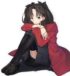 Rule 34 | black hair, black skirt, black thighhighs, blue eyes, fate/stay night, fate (series), hair ribbon, highres, jacket, jewelry, kei (soundcross), long hair, long legs, looking at viewer, pendant, pleated skirt, ribbon, skirt, solo, thighhighs, tohsaka rin, two side up, zettai ryouiki