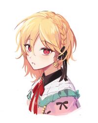 Rule 34 | 1boy, androgynous, black bow, blonde hair, blush, bow, capelet, cross x mark (ensemble stars!), earrings, ensemble stars!, gem, hair bow, jacket, jewelry, long sleeves, looking at viewer, nito nazuna, od doru, official alternate costume, parted lips, pink jacket, red bow, red eyes, red gemstone, teeth, white capelet