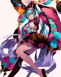 Rule 34 | 1girl, :d, aqua eyes, aqua hair, arm up, artist name, black footwear, black skirt, black thighhighs, chinese commentary, commentary request, dated, feet out of frame, folding fan, frilled skirt, frills, gradient hair, hair ornament, hairclip, hand fan, hatsune miku, holding, holding fan, japanese clothes, kimono, kofi-mo, leg up, long hair, long sleeves, looking to the side, magical mirai (vocaloid), magical mirai miku, magical mirai miku (2020 summer), miniskirt, multicolored hair, open mouth, purple hair, signature, single thighhigh, skirt, smile, solo, thighhighs, twintails, very long hair, vocaloid, white background, wide sleeves, yukata