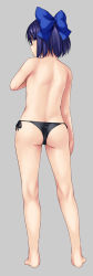 Rule 34 | 1girl, a-chan (hololive), ass, back, bare back, barefoot, black-framed eyewear, black panties, blue bow, blue eyes, blue hair, bow, commentary, covering privates, covering breasts, from behind, full body, glasses, grey background, hair bow, hololive, kneepits, looking at viewer, looking back, noise (tsuzuki), panties, short hair, side-tie panties, simple background, solo, standing, topless, underwear, virtual youtuber