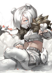 Rule 34 | absurdres, animal ears, arknights, blue eyes, ermine, flower, hair over one eye, highres, lingzi sang, looking at another, mask, official alternate costume, shirayuki (arknights), shirayuki (wind of breaking blade) (arknights), short hair, sitting, solo, stoat girl, tail, thigh strap, unworn mask, weasel, weasel ears, weasel tail, white hair