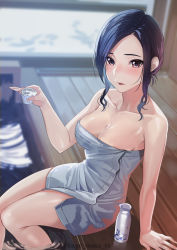 Rule 34 | 1girl, absurdres, bare shoulders, bathing, black hair, blush, breasts, brown eyes, cleavage, collarbone, highres, kagematsuri, large breasts, long hair, looking at viewer, naked towel, onsen, open mouth, original, parted bangs, sitting, smile, solo, steam, thighs, towel, white towel