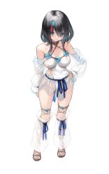 Rule 34 | 1girl, absurdres, bare shoulders, black hair, blue eyes, blue ribbon, blush, breasts, closed mouth, collarbone, detached leggings, dress, egk513, fate/grand order, fate/requiem, fate (series), full body, fundoshi, hand on own hip, highres, japanese clothes, jewelry, large breasts, legs, long sleeves, looking at viewer, magatama, magatama hair ornament, medium hair, multicolored hair, necklace, pelvic curtain, pink hair, puffy long sleeves, puffy sleeves, ribbon, sandals, seigaiha, short dress, sideboob, sideless outfit, simple background, streaked hair, thigh strap, utsumi erice, white background, white dress, white legwear