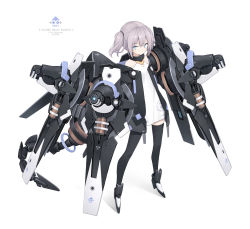 Rule 34 | 1girl, black thighhighs, blue eyes, dress, grey hair, highres, hood, hooded jacket, jacket, looking at viewer, mecha musume, open clothes, open jacket, original, poco (asahi age), short hair, solo, thighhighs, twintails, white background, white dress