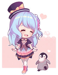 Rule 34 | 1girl, ^ ^, absurdres, artist name, bang dream!, bird, black hat, blue hair, blush stickers, boots, bow, bowtie, breasts, chibi, cleavage, closed eyes, commentary, dress, english commentary, full body, fur-trimmed boots, fur trim, hair ribbon, hat, hat ribbon, heart, highres, jacket, long hair, magyo (idolacircus), matsubara kanon, one side up, open mouth, outline, penguin, pink background, pink footwear, pink ribbon, polka dot neckwear, ribbon, signature, smile, solo, top hat, walking, white outline, wrist cuffs