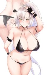Rule 34 | 1girl, absurdres, adjusting clothes, adjusting swimsuit, ahoge, ass, back, bare shoulders, belt, bikini, black gloves, blush, breasts, butt crack, cleavage, collarbone, crimecrime, fate/grand order, fate (series), fingerless gloves, gloves, highres, huge breasts, jeanne d&#039;arc (fate), jeanne d&#039;arc alter (fate), jeanne d&#039;arc alter (mystery treasure) (fate), large breasts, long hair, looking at viewer, multiple views, mystery treasure, nail polish, navel, official alternate costume, ponytail, simple background, smile, swimsuit, very long hair, white background, white hair, yellow eyes