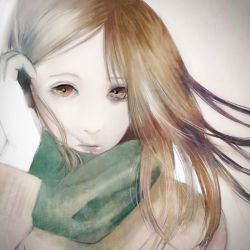 Rule 34 | 1girl, bad id, bad pixiv id, blonde hair, closed mouth, gradient background, gradient hair, tucking hair, long hair, long sleeves, looking to the side, multicolored hair, orange eyes, original, pale skin, portrait, scarf, silver hair, simple background, solo, tokiwa osamu, winter clothes