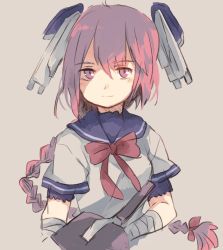 Rule 34 | 1girl, adapted turret, bandaged arm, bandages, blue sailor collar, blush, braid, breasts, closed mouth, commentary request, cropped torso, grey background, hair between eyes, headgear, ina (1813576), kantai collection, long hair, looking at viewer, nenohi (kancolle), pink eyes, pink hair, red neckwear, sailor collar, school uniform, serafuku, shaded face, short sleeves, simple background, single braid, smile, solo, turret, undershirt, weapon