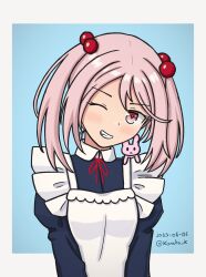 Rule 34 | 1girl, alternate costume, apron, black dress, dated, dress, enmaided, grin, hair bobbles, hair ornament, highres, kantai collection, konato k, maid, medium hair, one-hour drawing challenge, pink eyes, pink hair, rabbit on shoulder, sazanami (kancolle), short hair, smile, solo, twintails, white apron