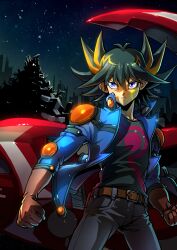 Rule 34 | 1boy, absurdres, belt, black hair, black pants, black shirt, blue eyes, blue jacket, brown gloves, cityscape, clenched hands, commentary, cowboy shot, d-wheel, elbow pads, facial mark, facial tattoo, fudo yusei, gloves, highres, jacket, junkyard, leather belt, male focus, marking on cheek, motor vehicle, motorcycle, multicolored hair, night, night sky, open clothes, open jacket, outdoors, pants, serious, shirt, short hair, shoulder pads, sky, skyline, solo, spiked hair, standing, streaked hair, tattoo, youko-shima, yu-gi-oh!, yu-gi-oh! 5d&#039;s