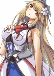 Rule 34 | 1girl, black shirt, blonde hair, blue skirt, breasts, brooklyn (kancolle), flower, hair flower, hair ornament, hand on own chest, highres, jacket, kantai collection, large breasts, long hair, looking at viewer, neckerchief, red eyes, shirt, skirt, sleeveless, sleeveless jacket, solo, tonke, undershirt, white jacket