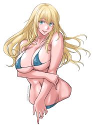 Rule 34 | 1girl, absurdres, atago (kancolle), bikini, blonde hair, blue bikini, breasts, collarbone, commentary request, cropped torso, dated, covered erect nipples, highres, kantai collection, large breasts, long hair, looking at viewer, micro bikini, navel, one-hour drawing challenge, simple background, smile, solo, sozan, swimsuit, twitter username, white background