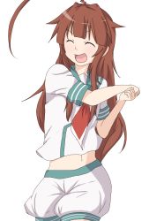Rule 34 | 1girl, ^ ^, ahoge, baker at bat, brown hair, closed eyes, commentary request, eyebrows, highres, huge ahoge, kantai collection, kuma (kancolle), long hair, navel, neckerchief, new horizon, open mouth, parody, school uniform, serafuku, shiguro, simple background, smile, solo, white background