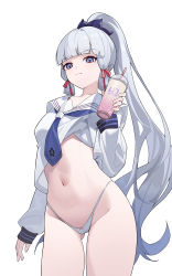 Rule 34 | 1girl, absurdres, alternate costume, arm at side, ayaka (genshin impact), blue eyes, blue necktie, blunt bangs, closed mouth, clothes lift, cowboy shot, drink, drinking straw, genshin impact, gluteal fold, hand up, highleg, highleg panties, highres, holding, holding drink, kamisato ayaka, kamisato ayaka (heytea), linnnp, long hair, looking at viewer, mole, mole under eye, navel, necktie, panties, ponytail, sailor collar, school uniform, see-through, see-through silhouette, serafuku, shirt lift, simple background, smile, solo, stomach, string panties, thighs, underwear, very long hair, white background, white hair, white panties, white sailor collar, white serafuku