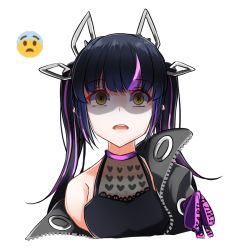 Rule 34 | 1girl, black hair, black jacket, black shirt, blouse, blunt bangs, breasts, cleavage, commentary request, dameyoshi, demon girl, demon horns, emoji, heart, heart print, horns, jacket, kojo anna, kojo anna (1st costume), long hair, long sleeves, looking at viewer, medium breasts, multicolored hair, nanashi inc., off shoulder, open clothes, open jacket, open mouth, pointy ears, print shirt, purple hair, ringed eyes, russian text, see-through, see-through cleavage, see-through shirt, shaded face, shirt, simple background, sleeveless, sleeveless shirt, solo, sugar lyric, twintails, two-tone hair, upper body, virtual youtuber, white background, yellow eyes, zipper