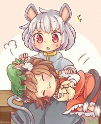 Rule 34 | 2girls, :3, ^^^, animal ears, brown hair, cat ears, cat tail, chen, closed mouth, commentary request, earrings, closed eyes, grey hair, hat, ibaraki natou, jewelry, lying on lap, mob cap, mouse ears, mouse tail, multiple girls, multiple tails, nazrin, nekomata, short hair, single earring, tail, touhou, twitter username, two tails