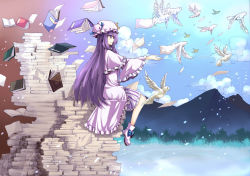 Rule 34 | 1girl, bird, book, book stack, bow, cloud, crescent, feathers, female focus, hat, highres, ko kita, long hair, mountain, pages, patchouli knowledge, purple eyes, purple hair, ribbon, solo, touhou, very long hair