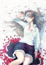 Rule 34 | 1girl, blue eyes, collarbone, flower, from above, grey hair, highres, long hair, long sleeves, looking at viewer, lying, on back, original, petals, shirt, skirt, smile, solo, you (shimizu)