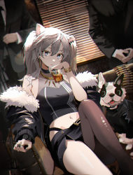 Rule 34 | 1girl, 2boys, absurdres, animal ears, asymmetrical legwear, breasts, chromatic aberration, cleavage, closed mouth, coat, couch, crop top, dog, drink, fur trim, glass, gold, grey eyes, highres, hololive, indoors, jewelry, kawa683, large breasts, long hair, looking at viewer, midriff, multiple boys, navel, necklace, ring, see-through, see-through cleavage, shirt, shishiro botan, shishiro botan (1st costume), silver hair, sitting, sleeveless, sleeveless shirt, solo focus, two side up, virtual youtuber, watch