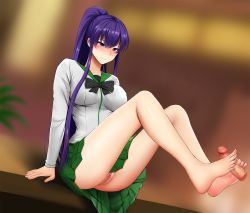 Rule 34 | 1boy, 1girl, bare legs, barefoot, blue eyes, blue hair, blush, breasts, busujima saeko, censored, desk, disembodied penis, footjob, ginhaha, highres, highschool of the dead, large breasts, long hair, mosaic censoring, no panties, offscreen person, on desk, penis, ponytail, pussy, school uniform, sitting, on desk, smile, very long hair