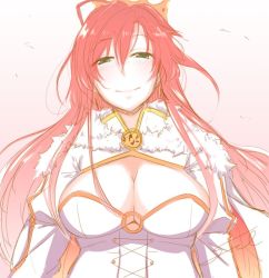 Rule 34 | 1girl, artist name, blush, boudica (fate), boudica (third ascension) (fate), breasts, cleavage, closed mouth, commentary request, corset, crown, fate/grand order, fate (series), fue (rhomphair), fur trim, hair between eyes, half-closed eyes, large breasts, light smile, long hair, looking at viewer, o-ring, o-ring top, red hair, shrug (clothing), signature, sketch, solo, upper body