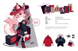 Rule 34 | 1girl, :3, absurdres, animal ear fluff, animal ears, artist name, bag, black dress, bright pupils, character name, character sheet, closed mouth, colored skin, commentary, corded phone, crrn, deformed, dress, english commentary, english text, fox ears, fox girl, fox tail, full body, fur collar, handbag, hat, highres, holding, holding bag, long hair, long sleeves, looking at viewer, looking back, monster girl, original, phone, pink hair, pink skin, puffy long sleeves, puffy sleeves, red eyes, red footwear, red hat, smile, speech bubble, standing, sun hat, tail, twitter username, white background