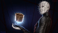 Rule 34 | 1boy, bald, black eyes, black leather, blood, body modification, chain, closed mouth, colored skin, dark background, dead by daylight, high collar, highres, hunnybear, injury, lament configuration, looking at viewer, male focus, pale skin, pin, pinhead, simple background, twitter username, white skin