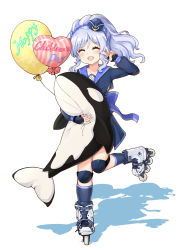 Rule 34 | 1girl, :d, ^ ^, absurdres, anchor, anchor symbol, balloon, black gloves, black hat, blue dress, blue sailor collar, blue socks, blush, closed eyes, collarbone, colored shadow, commentary request, dress, english text, facing viewer, full body, glint, gloves, hair between eyes, hand up, hat, heart balloon, high ponytail, highres, inline skates, jewelry, knee pads, long hair, mini hat, object on head, open mouth, ornate ring, pleated dress, ponytail, ring, roller skates, sailor collar, sailor dress, shadow, sigsbee (warship girls r), silver hair, skates, smile, socks, solo, standing, standing on one leg, stuffed animal, stuffed orca, stuffed toy, tilted headwear, v, warship girls r, wedding ring, white background, zhudacaimiao