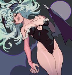 Rule 34 | 1girl, aqua hair, bare legs, bat wings, black leotard, blunt bangs, breasts, bridal gauntlets, cleavage, clenched teeth, covered navel, dark background, feet out of frame, fur-trimmed leotard, fur trim, hand on own chest, hand up, head wings, highleg, highleg leotard, highres, leotard, long hair, looking at viewer, low wings, medium breasts, morrigan aensland, open mouth, orange nails, pink bridal gauntlets, porqueloin, simple background, solo, strapless, strapless leotard, teeth, thighs, vampire (game), wings, yellow eyes