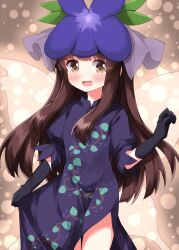 Rule 34 | 1girl, black gloves, blush, brown eyes, brown hair, china dress, chinese clothes, commentary request, cosplay, cowboy shot, dress, elbow gloves, embarrassed, gloves, hat, highres, lens flare, long hair, no nose, puffy short sleeves, puffy sleeves, purple dress, purple hat, ruu (tksymkw), short sleeves, side slit, sidelocks, solo, standing, star sapphire, sweatdrop, touhou, transparent wings, wings, yomotsu hisami, yomotsu hisami (cosplay)