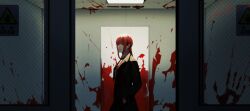 Rule 34 | 1girl, absurdres, black suit, blood, blood on glass, blood on wall, braid, ceiling, chainsaw man, closed mouth, cowboy shot, formal, highres, kkno k, light, looking at viewer, makima (chainsaw man), red eyes, red hair, single braid, solo, suit, train interior, vehicle interior, wide shot