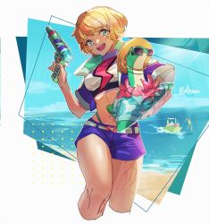 Rule 34 | 1boy, 1girl, alternate costume, animification, apex legends, breasts, cropped jacket, facial scar, highres, holding, holding stuffed toy, holding water gun, jacket, medium breasts, midriff, navel, nessie (respawn), octane (apex legends), open mouth, purple jacket, purple shorts, scar, scar on cheek, scar on face, scar on stomach, shorts, smile, solo focus, stuffed toy, thundergotch, water gun, wattson (apex legends)