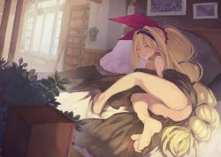 Rule 34 | 1girl, amunero (kyouka jinrui amunero), ass, bare shoulders, barefoot, bedroom, blanket, blonde hair, bookshelf, braid, hair between eyes, hairband, highres, hyocorou, kyouka jinrui amunero, long hair, looking at viewer, lying, on bed, on side, original, painting (object), parted lips, pillow, plant, solo, very long hair, yellow eyes