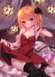 Rule 34 | 1girl, :p, alternate costume, arm up, bare arms, black thighhighs, blonde hair, blurry, blurry background, breasts, brooch, cacao (cacaomgmg), cleavage, clothes lift, collarbone, commentary request, cowboy shot, curtains, depth of field, detached sleeves, dress, dress lift, fingernails, flandre scarlet, garter straps, hair between eyes, hair ribbon, hanging light, head tilt, highres, jewelry, lace, lace legwear, lifted by self, looking at viewer, nail polish, no headwear, one side up, petticoat, puffy short sleeves, puffy sleeves, red dress, red eyes, red nails, ribbon, see-through, see-through sleeves, short sleeves, sitting, small breasts, small stellated dodecahedron, solo, thighhighs, tongue, tongue out, touhou, wings, wrist cuffs