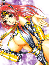 Rule 34 | 1girl, alternate costume, artist request, breasts, brown eyes, bursting breasts, cleavage, covered erect nipples, curvy, fatal fury, hand fan, headband, huge breasts, kof: maximum impact, large breasts, lipstick, long hair, makeup, midriff, nipples, red hair, shiranui mai, smile, snk, solo, the king of fighters