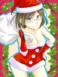 Rule 34 | 10s, 1girl, alternate costume, blue eyes, breasts, brown hair, cleavage, fingerless gloves, glasses, gloves, hand on own hip, hat, jewelry, kachirou, kantai collection, kirishima (kancolle), looking at viewer, necklace, personification, santa costume, santa hat, smile, solo
