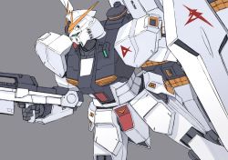 Rule 34 | char&#039;s counterattack, finger on trigger, from side, grey background, gun, gundam, holding, holding gun, holding weapon, itou (onsoku tassha), mecha, no humans, nu gundam, profile, robot, shield, simple background, solo, weapon