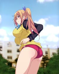 Rule 34 | 10s, 1girl, annoyed, ass, black shirt, blonde hair, blush, breasts, brown hair, buruma, female focus, from behind, from below, from side, frown, hair ribbon, highres, kawakami mai, large breasts, long hair, looking at viewer, looking back, looking down, mole, mole under eye, musaigen no phantom world, photo background, purple eyes, ribbon, sbel02, shirt, side ponytail, sidelocks, solo, sweater, sweater vest