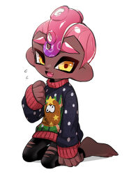 Rule 34 | 1boy, barefoot, black pants, black sweater, blush, commentary request, dark-skinned male, dark skin, fang, full body, gradient hair, highres, male focus, mohawk, multicolored hair, nintendo, octoling, octoling boy, octoling player character, open mouth, pants, pink hair, print sweater, purple hair, short hair, simple background, sitting, sleeves past wrists, solo, splatoon (series), splatoon 3, suno (imydream), sweater, tentacle hair, thick eyebrows, torn clothes, torn pants, two-tone hair, white background, yellow eyes